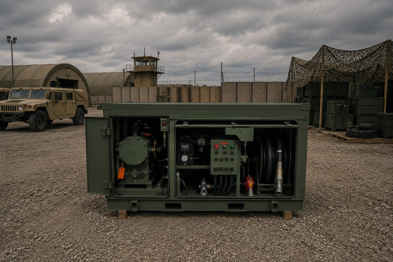 Olive green tactical fuel dispensing skid at a forward operating base