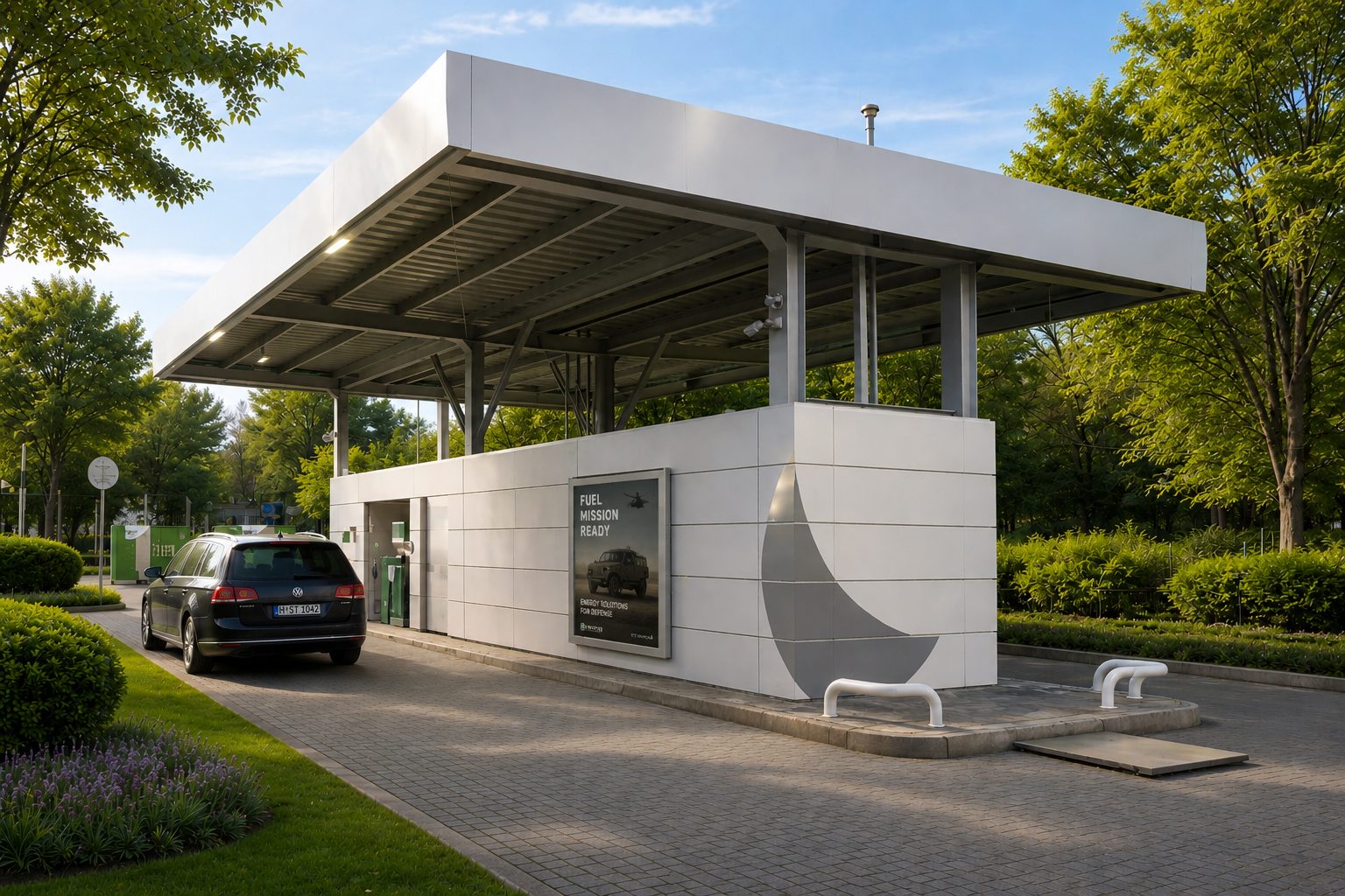 Modern white fuel station in a clean commercial setting